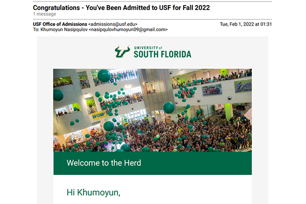 AL WIUT student Humoyun Nasipkulov has been accepted to the University of South Florida (USF) for the Fall 2022 semester