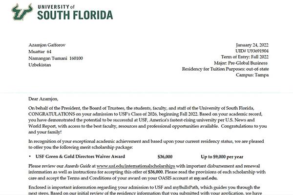 Студент AL МВУТ Азамжон Гаффоров принят в Университет Южной Флориды (USF) на осенний семестр 2022 года.